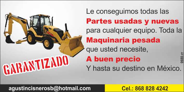 Used and new parts for any equipment. Heavy machinery at a good price with shipping throughout the Mexican Republic Used and new parts for any equipment. Heavy machinery at a good price with shipping throughout the Mexican Republic