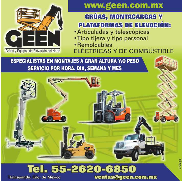 Cranes, Forklifts and Lifting Platforms, Articulated, Telescopic, Scissor type and personal type, Towing, Electric and fuel, specialists in assemblies at high altitude and / or weight Cranes, Forklifts and Lifting Platforms, Articulated, Telescopic, Scissor type and personal type, Towing, Electric and fuel, specialists in assemblies at high altitude and / or weight