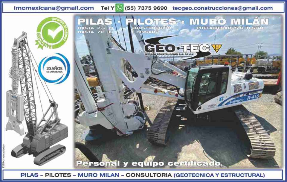 Piles: Up to 2.5 m., Up to 70 m. Piles: Construction and Driving. Milan Wall: Prefabricated or On-site. Certified Personnel and Equipment, Consulting, Geotechnics and Structural. IMC Mexicana. Piles: Up to 2.5 m., Up to 70 m. Piles: Construction and Driving. Milan Wall: Prefabricated or On-site. Certified Personnel and Equipment, Consulting, Geotechnics and Structural. IMC Mexicana.