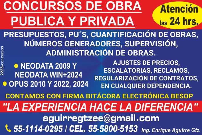 Public and Private Works Competitions, Budgets, Quantification of Works, Generating Numbers, Supervision and Administration of Works, Price Adjustments, Escalations, Regularization of Contracts. Public and Private Works Competitions, Budgets, Quantification of Works, Generating Numbers, Supervision and Administration of Works, Price Adjustments, Escalations, Regularization of Contracts.