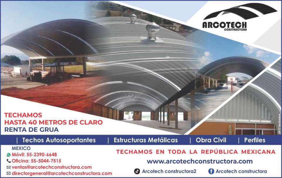 Self-supporting roofs, metal structures, civil works, profiles. We roof up to 40m of span. Crane rental. Service throughout the Mexican Republic. Self-supporting roofs, metal structures, civil works, profiles. We roof up to 40m of span. Crane rental. Service throughout the Mexican Republic.