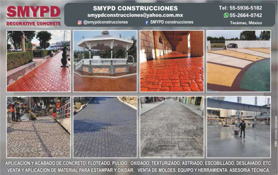 Application and finishing of concrete: floated, polished, oxidized, textured, astriado, brushed, washed, etc. Sale, supply and application of material to stamp and oxidize. Application and finishing of concrete: floated, polished, oxidized, textured, astriado, brushed, washed, etc. Sale, supply and application of material to stamp and oxidize.