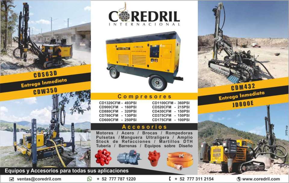 Sale, rental of drilling equipment and machinery, tricone bits, industrial hoses, drag bits, fluids, reverse circulation equipment, compressors and much more. Sale, rental of drilling equipment and machinery, tricone bits, industrial hoses, drag bits, fluids, reverse circulation equipment, compressors and much more.