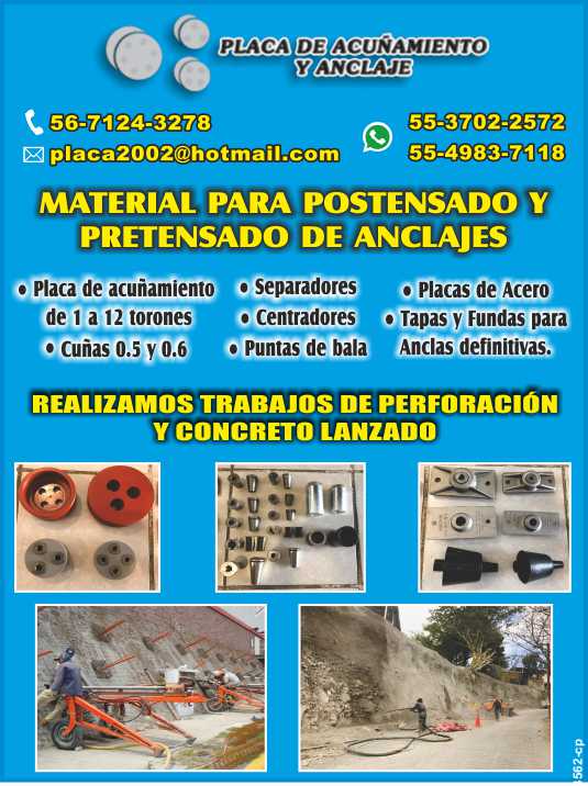Placa de acuñamiento de 1 a 12 torones, Cuñas 0.5 y 0.6, Separadores, Centradores, Puntas de bala, Placas de Acero, Tapas y Fundas para anclas definitivas. Trabajos de Perforacion y Concreto Lanzado