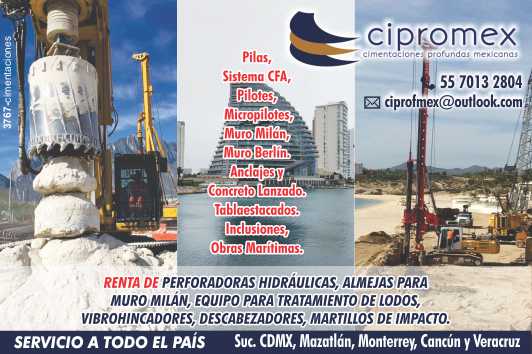 Piles, Micropiles, Milan and Berlin Walls, Anchors and Shotcrete, Sheet Piling. Inclusions, Maritime Works. Rental of Drilling Machines. Suc. Mazatlan, Monterrey and Cancun and Veracruz. Piles, Micropiles, Milan and Berlin Walls, Anchors and Shotcrete, Sheet Piling. Inclusions, Maritime Works. Rental of Drilling Machines. Suc. Mazatlan, Monterrey and Cancun and Veracruz.
