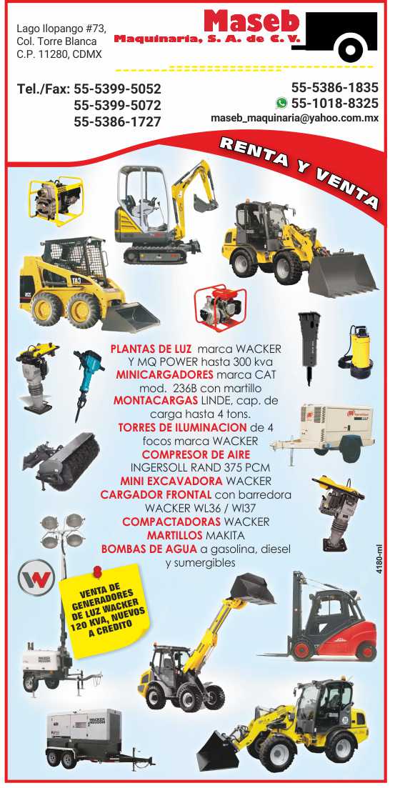 ight Plants, Skid Steer Loaders, Forklifts, Light Towers, Air Compressor, Mini-Excavator, Front Loader, Compactors, Water Pumps, Submersibles. Generators, Torre de Luz. ight Plants, Skid Steer Loaders, Forklifts, Light Towers, Air Compressor, Mini-Excavator, Front Loader, Compactors, Water Pumps, Submersibles. Generators, Torre de Luz.