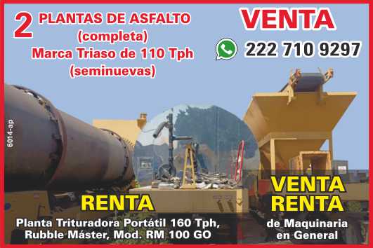 FOR SALE 2 Asphalt Plants (complete) Triaso brand of 110 Tph (semi-new). FOR RENT Portable Crushing Plant 160 Tph, RUBBLE Master, mod. RM 100 GO. FOR SALE- RENT of General Machinery. FOR SALE 2 Asphalt Plants (complete) Triaso brand of 110 Tph (semi-new). FOR RENT Portable Crushing Plant 160 Tph, RUBBLE Master, mod. RM 100 GO. FOR SALE- RENT of General Machinery.