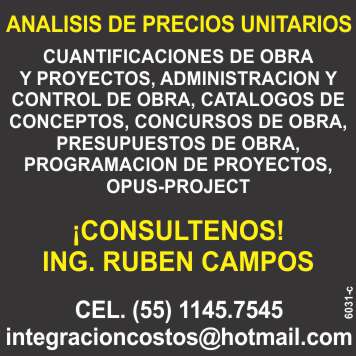 Analysis of unit prices, work and project quantifications, administration and control of work, catalogs of concepts, construction contests, work budgets, project scheduling Analysis of unit prices, work and project quantifications, administration and control of work, catalogs of concepts, construction contests, work budgets, project scheduling