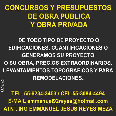 Competitions, Budgets of Public Work and Private Work of all type of project or buildings, Quantifications, topographic Surveys and for remodeling, extraordinary Prices. Competitions, Budgets of Public Work and Private Work of all type of project or buildings, Quantifications, topographic Surveys and for remodeling, extraordinary Prices.