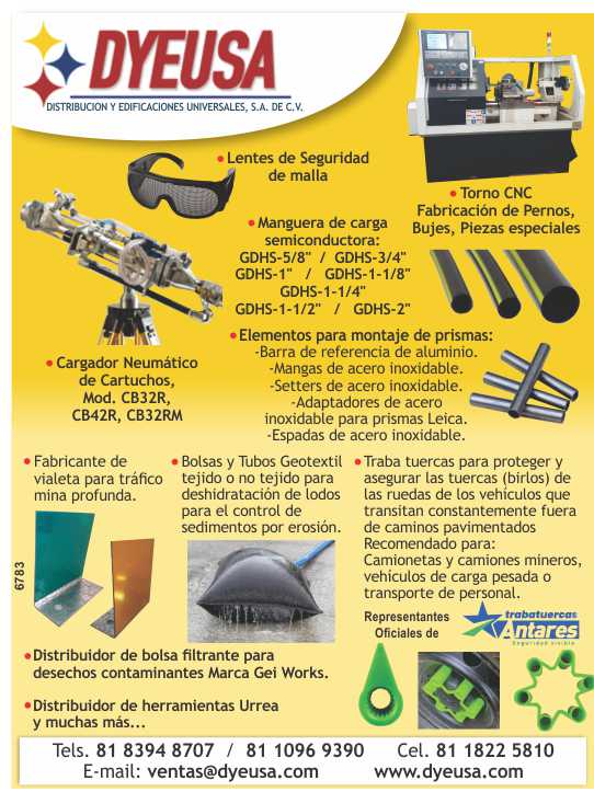 Lentes de Seguridad de malla, Manguera de carga semiconductora, Cargador Neumatico de Cartuchos, Torno CNC, Fabricacion de Pernos, Bujes, Piezas especiales. Fabricante de vialeta para trafico mina.