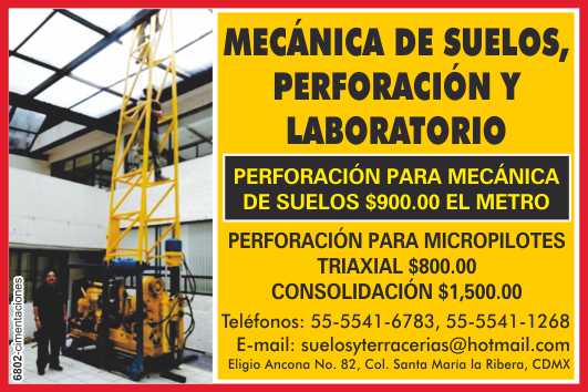 Soil Mechanics, Drilling, and Laboratory. Soil Mechanics Drilling $900.00 per meter. Micropile and Triaxial Drilling $ 800.00 Consolidation $ 1500. Soil Mechanics, Drilling, and Laboratory. Soil Mechanics Drilling $900.00 per meter. Micropile and Triaxial Drilling $ 800.00 Consolidation $ 1500.