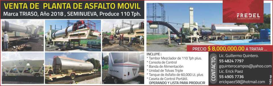 Sale of mobile asphalt plant, Triaso brand, year 2018 semi-new, produces 110 Tph. Sale of mobile asphalt plant, Triaso brand, year 2018 semi-new, produces 110 Tph.
