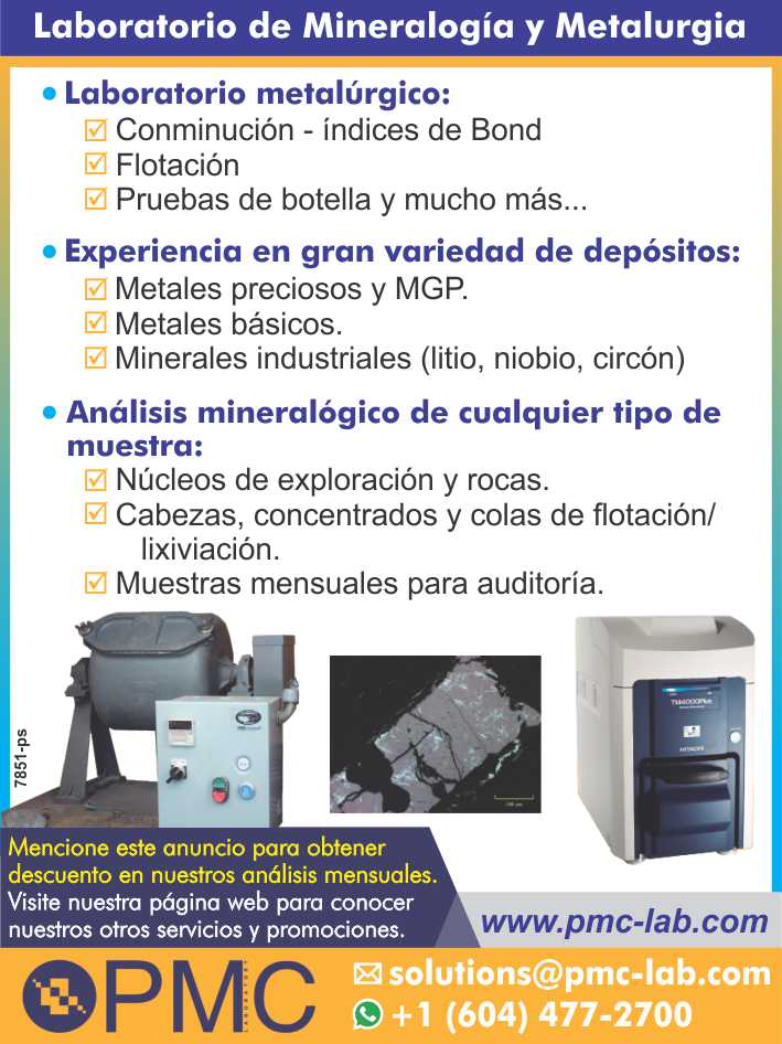 Analysis of concentration or leaching process. -Mineralogical analysis of any type of sample and Metallurgical Laboratory. - Metalurgic laboratory. Analysis of concentration or leaching process. -Mineralogical analysis of any type of sample and Metallurgical Laboratory. - Metalurgic laboratory.