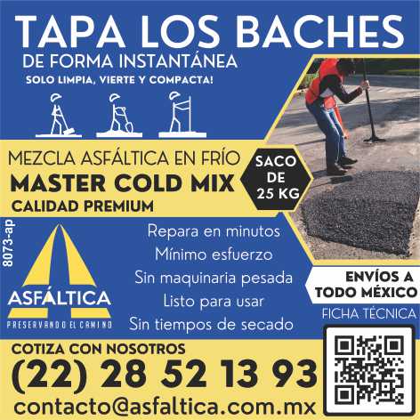 Master Cold Mix, Premium Quality. 25 kg bag. Cover Potholes Instantly. Minimum Effort, Without Heavy Machinery, Ready to Use, Without drying times. Shipping to all Mexico Master Cold Mix, Premium Quality. 25 kg bag. Cover Potholes Instantly. Minimum Effort, Without Heavy Machinery, Ready to Use, Without drying times. Shipping to all Mexico