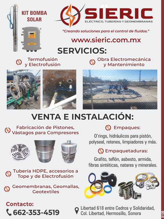 Thermofusion and Electrofusion. Electromechanical Work and Maintenance. Pumping and Solar Energy. Sale and Installation: HDPE Pipe. Cables and Connectors, Geomembranes, Geogrids and Geotextiles. Thermofusion and Electrofusion. Electromechanical Work and Maintenance. Pumping and Solar Energy. Sale and Installation: HDPE Pipe. Cables and Connectors, Geomembranes, Geogrids and Geotextiles.