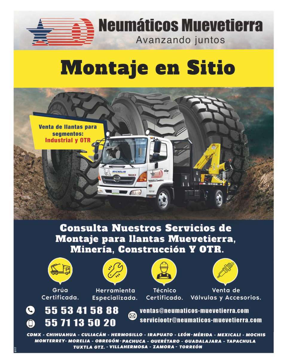 Assembly Services for Tires Muevetierra, Port, Mining and Construction. Certified Crane, Specialized Tools, Certified Technicians. Michelin XHA2, BKT XL-Grip, Advance GLR06 Assembly Services for Tires Muevetierra, Port, Mining and Construction. Certified Crane, Specialized Tools, Certified Technicians. Michelin XHA2, BKT XL-Grip, Advance GLR06