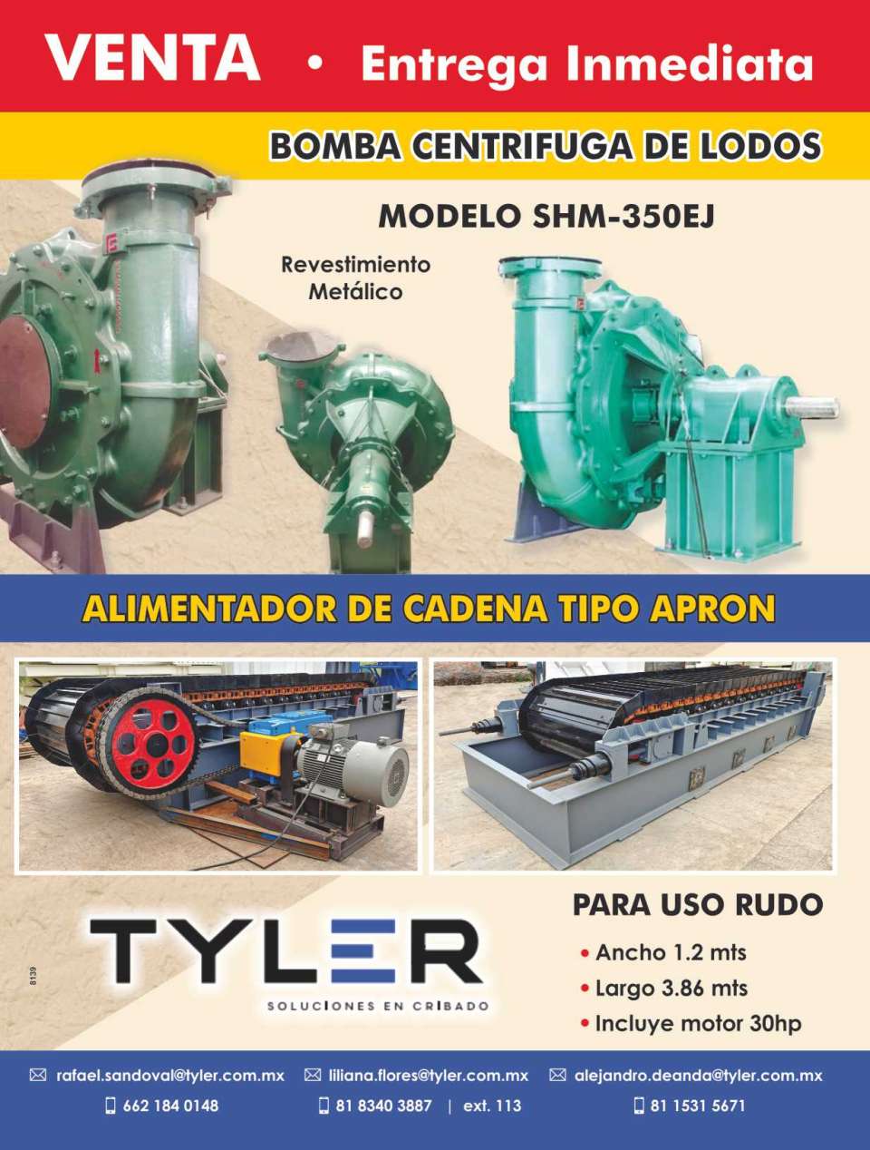 Sale of Equipment Immediate Delivery. Centrifugal Sludge Pump, Model SHM-350EJ, Metallic Coating. Apron type Chain Feeder, for rough use. Sale of Equipment Immediate Delivery. Centrifugal Sludge Pump, Model SHM-350EJ, Metallic Coating. Apron type Chain Feeder, for rough use.