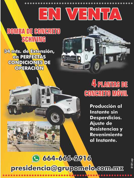 For SALE Schwing Concrete Pump 34 mts. of extension, in Perfect Operating Conditions. 4 Mobile Concrete Plants instant production without waste. For SALE Schwing Concrete Pump 34 mts. of extension, in Perfect Operating Conditions. 4 Mobile Concrete Plants instant production without waste.