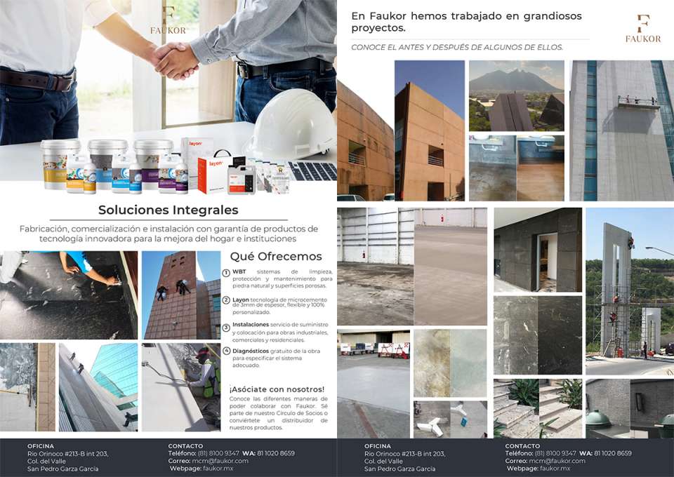1) WBT Cleaning, protection and maintenance systems for natural stone and porous surfaces. 2) Layon microcement technology. 3) Facilities, supply and placement. 4) Diagnosis 1) WBT Cleaning, protection and maintenance systems for natural stone and porous surfaces. 2) Layon microcement technology. 3) Facilities, supply and placement. 4) Diagnosis
