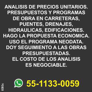 Analysis of unitary prices. Budgets and work programs for roads, bridges, drainage, hydraulics, buildings. I make the economic proposal. I use the Neodata program. Analysis of unitary prices. Budgets and work programs for roads, bridges, drainage, hydraulics, buildings. I make the economic proposal. I use the Neodata program.