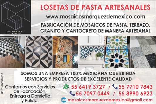 Manufacture of clay, terrazzo, granite and cantocrete mosaics in an artisanal way. 100% Mexican company. Services and Products of excellent quality. Manufacture of clay, terrazzo, granite and cantocrete mosaics in an artisanal way. 100% Mexican company. Services and Products of excellent quality.