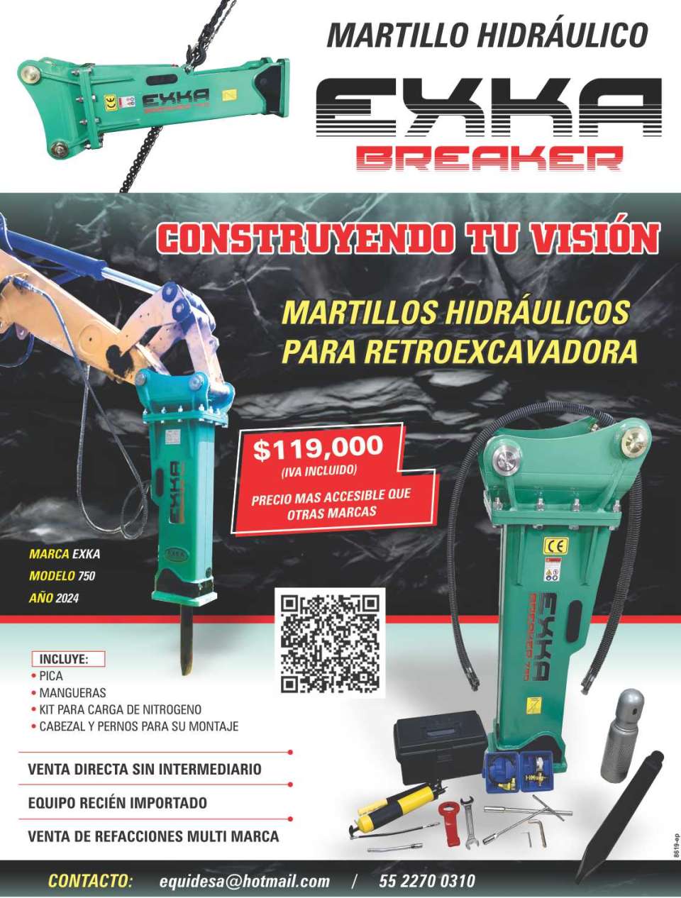 Hydraulic hammers for Retro Excavator $119,000 (VAT included) Includes: *Pica *Hoses *Nitrogen loading kit *Head and bolts for assembly Direct sale without intermediary. Hydraulic hammers for Retro Excavator $119,000 (VAT included) Includes: *Pica *Hoses *Nitrogen loading kit *Head and bolts for assembly Direct sale without intermediary.