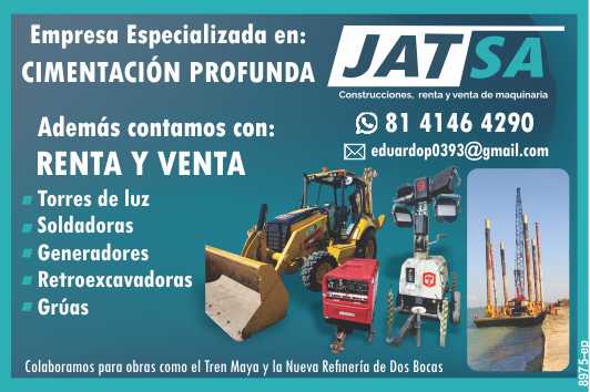 Deep Foundations, Rental and Sale of Light Towers, Welders, Generators, Backhoes, Cranes, etc. We collaborate on projects such as the Mayan Train and the New Dos Bocas Refinery. Deep Foundations, Rental and Sale of Light Towers, Welders, Generators, Backhoes, Cranes, etc. We collaborate on projects such as the Mayan Train and the New Dos Bocas Refinery.